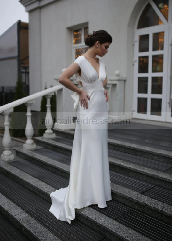 V Neck Ivory Satin Wedding Dress With Big Bow